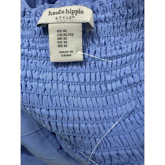 HAUTE HIPPIE Blue Boho Contrast Stitching Midi-Maxi Smocked Tie Dress XL NWOT - Picture 2 of 4